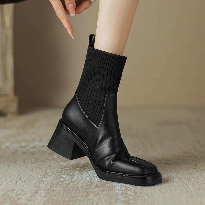 

Women's new winter leather cowhide square toe high-heeled thick soled retro and calf Chelsea short boots woolen socks boots
