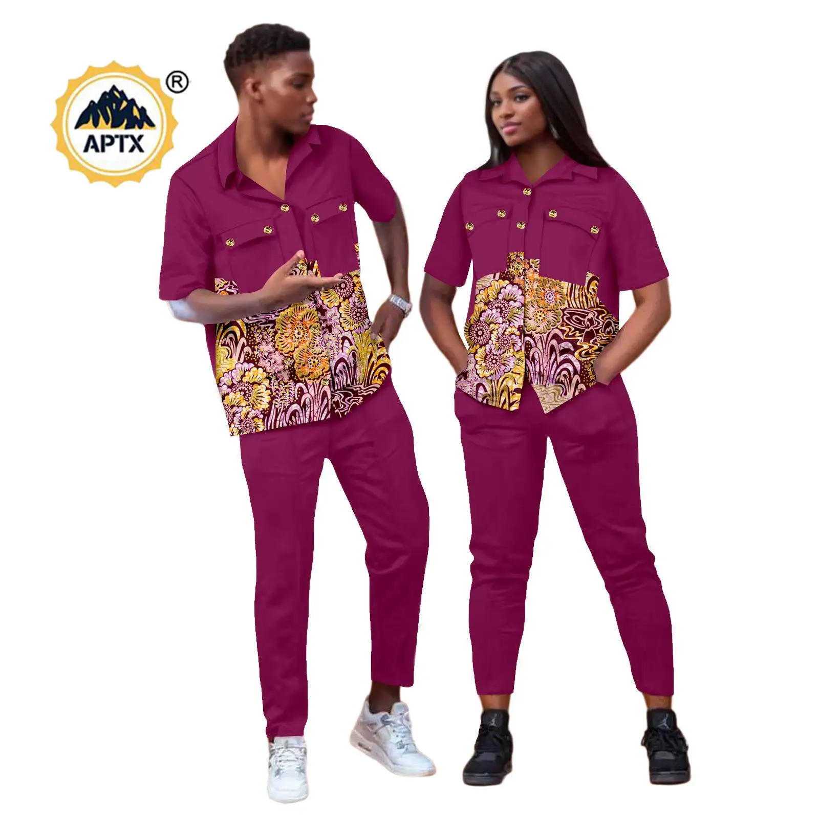 African Clothes for Women Suits Matching Couple Outfits Dashiki Men Patchwork Print Turn-down Collar Top and Pant Sets 25C023