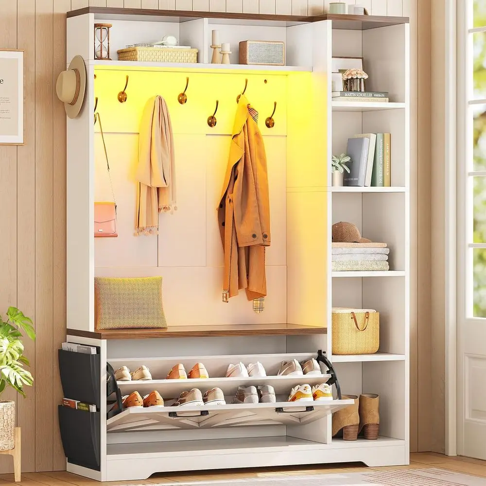 

Прихожая тумба-скамья с обувницей и вешалкой для одежды, в стиле амбар, с 7 полками