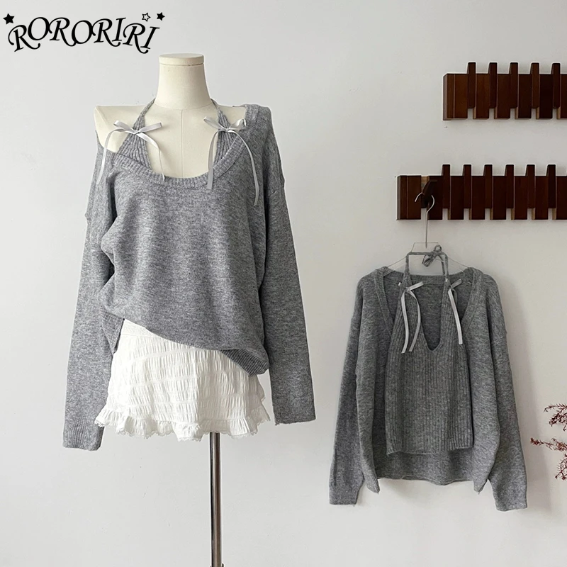 RORORIRI Gray Halter Top Layered Sweater Women Set Bow V-neck Camisole Long Sleeves Pullover Jumper Top Vintage Lounge Knitwear