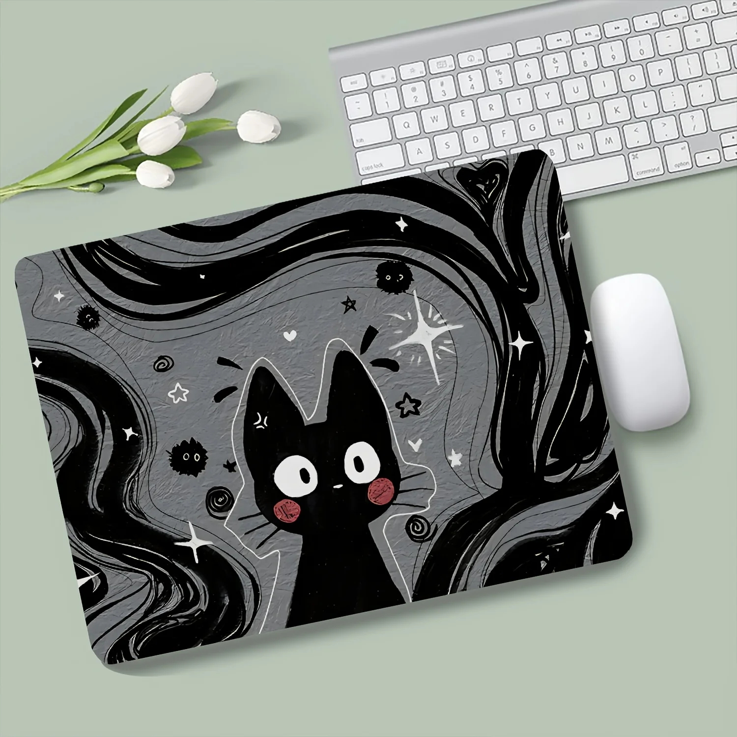 Brand Cute Anime Blush Black Cat Mouse Pad Hand Drawn Mini Desk Mat Anti Slip Rubber Coaster Retro Gaming Office Decor