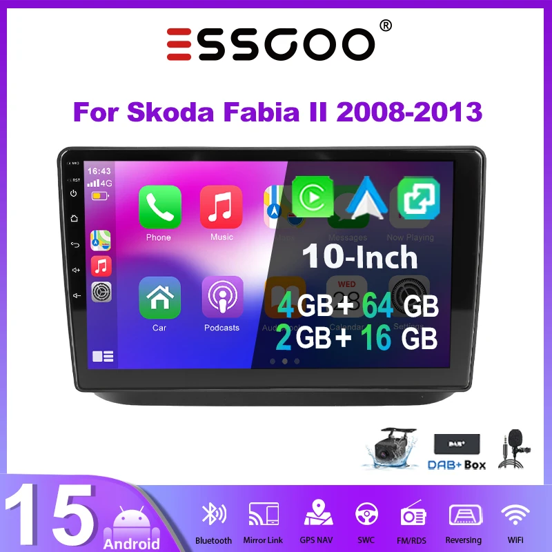 ESSGOO Lecteur multimédia de voiture Android 15 2+16G / 4+64G 10 pouces pour Skoda Fabia 2 2007-2014, autoradio, Carplay sans fil, Android Auto, GPS NAVI, RDS, FM, WIFI, Bluetooth, Mirror Link, commande au volant, écran tactile, lecteur multimédia Plug and Play