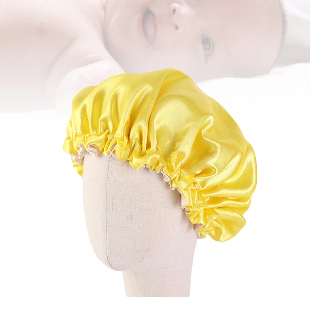หมวกนอนเด็กสองชั้นสีเหลือง ยางยืด ปรับขนาดได้ ป้องกันผมขณะนอนหลับ ใช้ได้กับการอาบน้ำและล้างหน้า