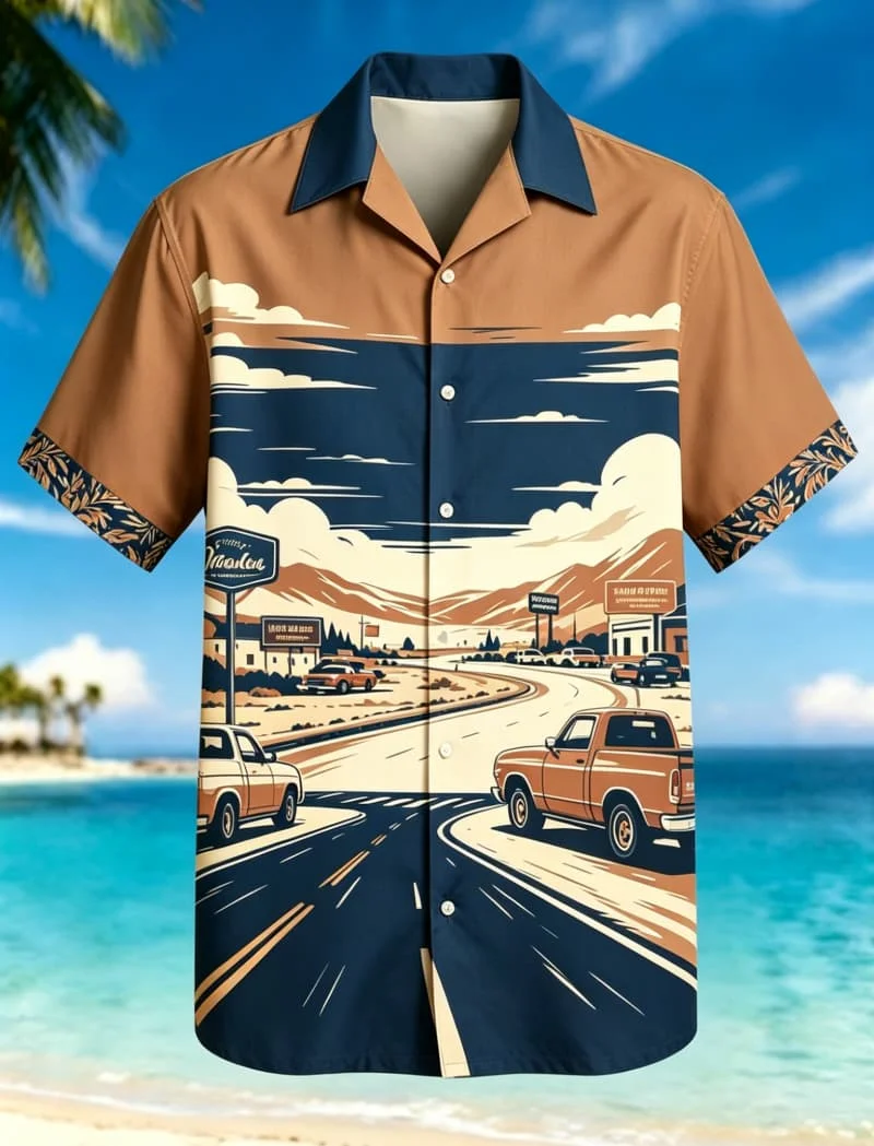 Men's travel scene printed short-sleeved shirt, featuring tropical design, for summer ,  camping, and daily casual wear