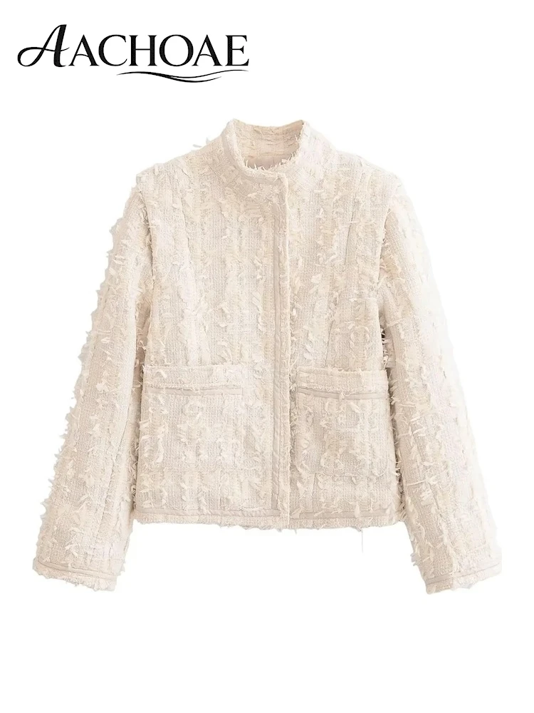 AACHOAE Women Tweed Jacket Fringe Trim Stand Collar Long Sleeve Cropped Coat Textured Woven Elegant Casual Office Lady Outerwear