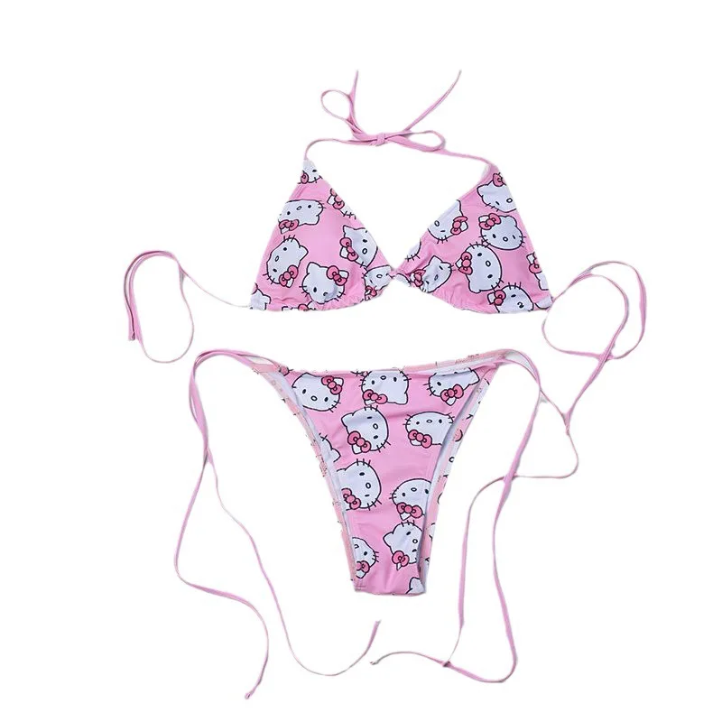 Hello Kitty lindo Bikini de vacaciones pechos pequeños reúnen juntos traje de baño de aguas termales dividido con almohadilla en el pecho traje de baño ropa regalo