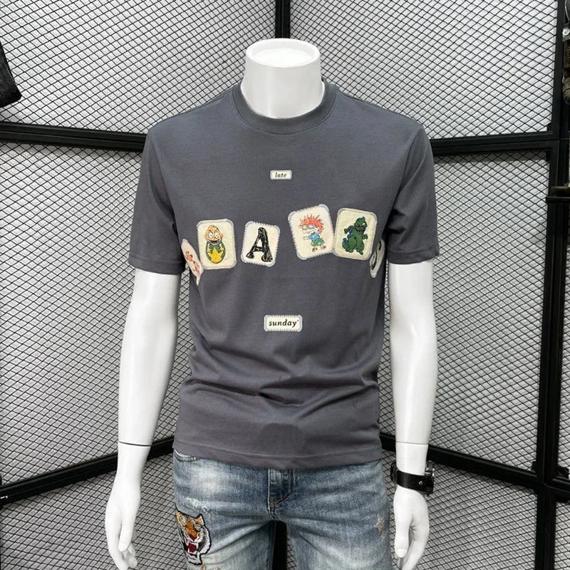 LIBIELIY Fashion O-Neck Spliced Printed Cartoon T-Shirts Men's Clothing 2024 Summer New Loose All-match Tops Casual Short Sleeve