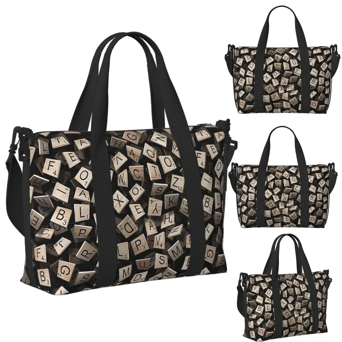 

Custom Scrabble Tile Madness Pattern Beach Travel Bag Large Capacity Tote Bags for Gym Sport Women Shopping Duffle Shoulder Bag