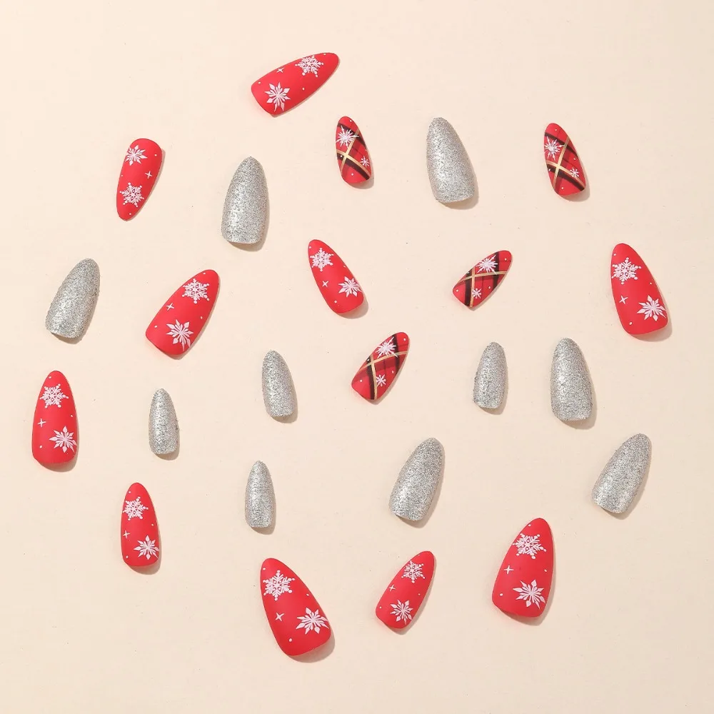 Moda wearable manicure natal francês unhas falsas amêndoa cobertura completa imprensa em unhas unhas falsas menina