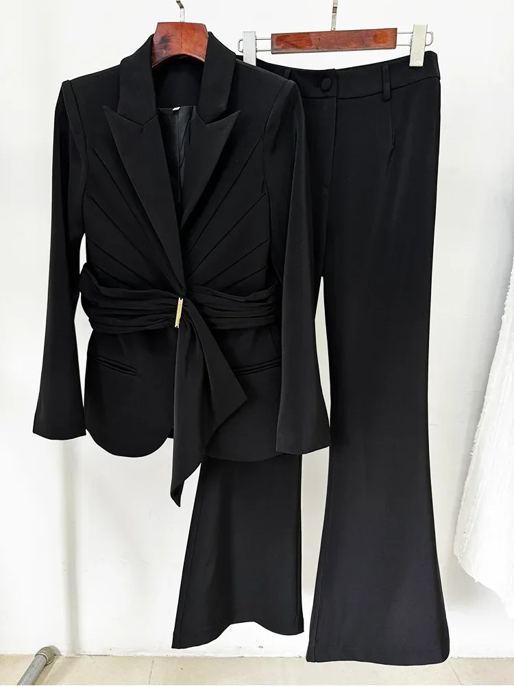HIGH STREET Newest 2024 Designer Runway Fashion Women\'s Irregular Waistband Slim Fit Blazer Pants Set