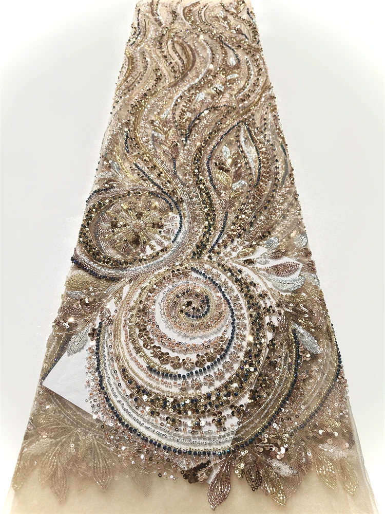 

High Quality French Advanced Heavy Industry Tulle Lace Fabric African Sequins Lace Fabric Nigerian Beaded For Women Wedding