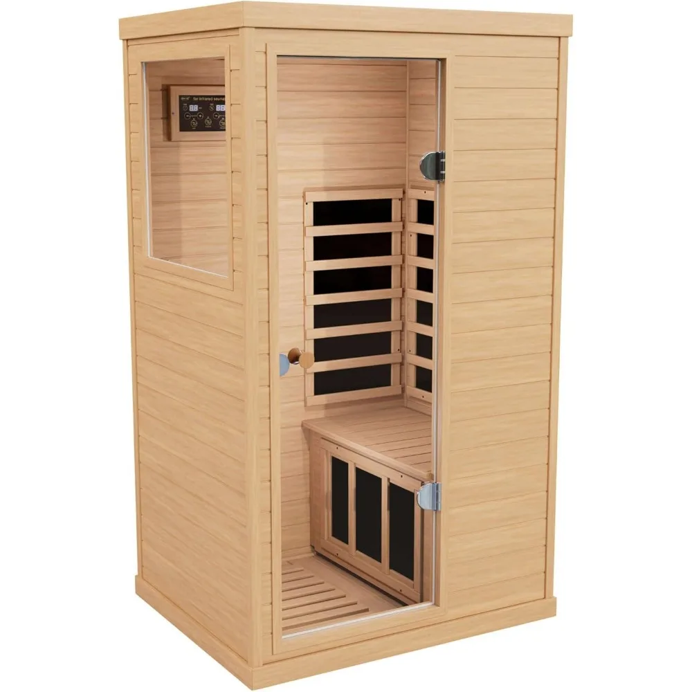 

Infrared Wooden Sauna, 1 Person Size Left Bench Natural Canadian Hemlock Home Dry Saunas, 6 Low EMF Heating Plates with 1050W Po