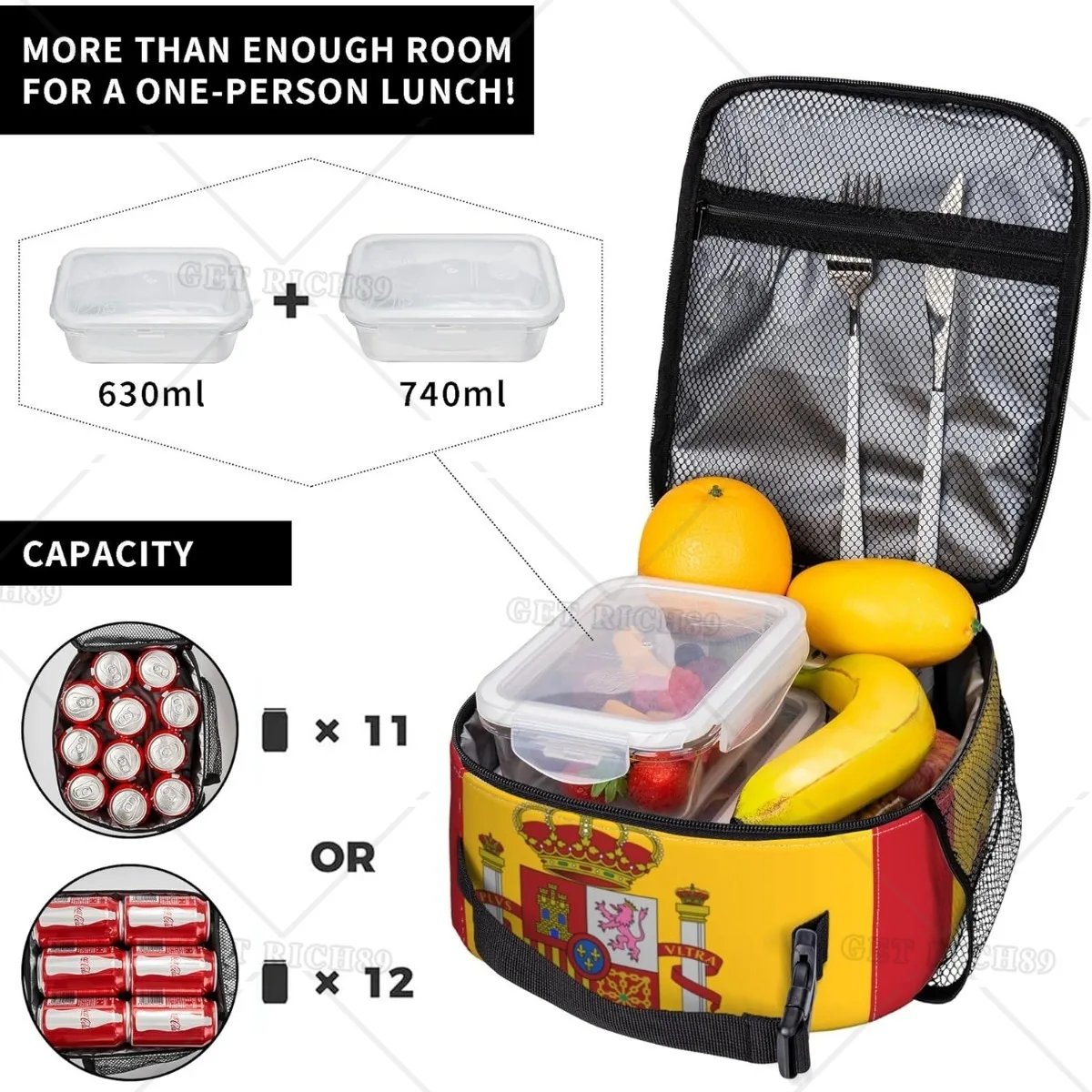 Lunch Box for Women Men Office - Large Capacity Flag of Spain Art Lunch Pail Container Thermal Totebag, To Keep Food Hot/Cold