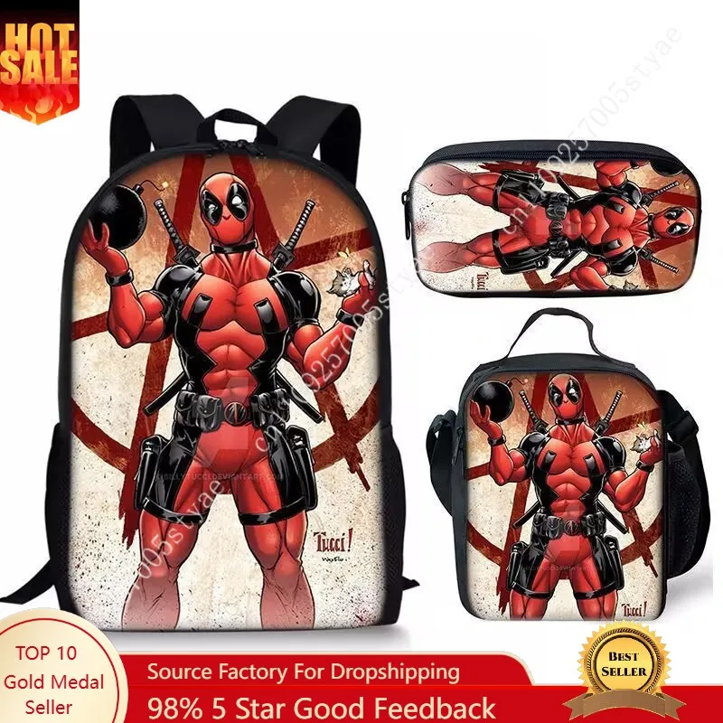 

Marvel Deadpool character lunch bag casual shoulder pencil bag lightweight travel bag three-piece set