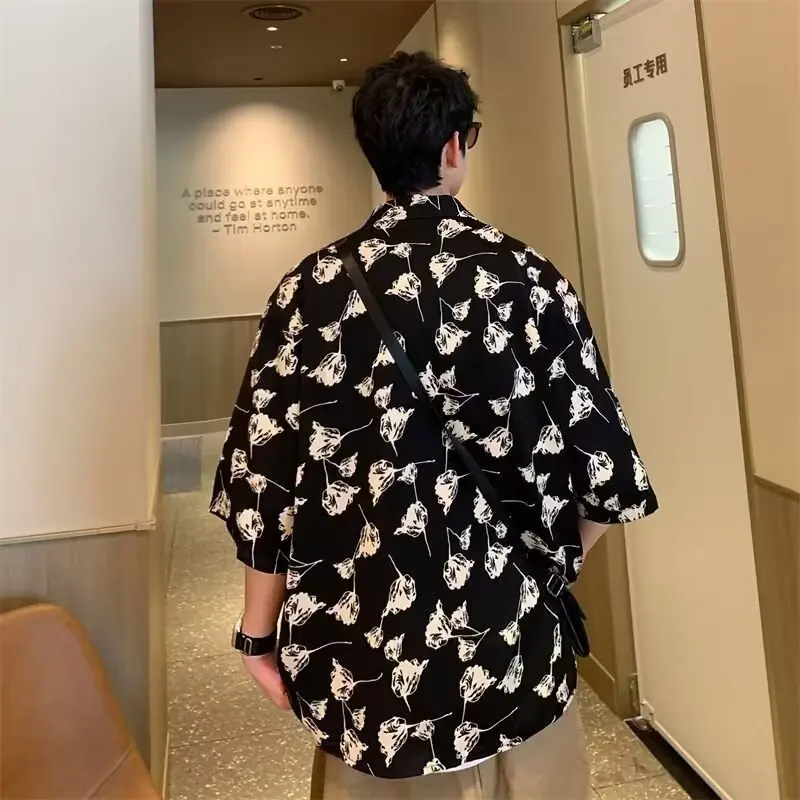 Shirts 140KG Beach Shirt Hong Kong Style Summer Male or Female Short-sleeved Senior Wear Fashion Printed Ice Silk Coat Couples