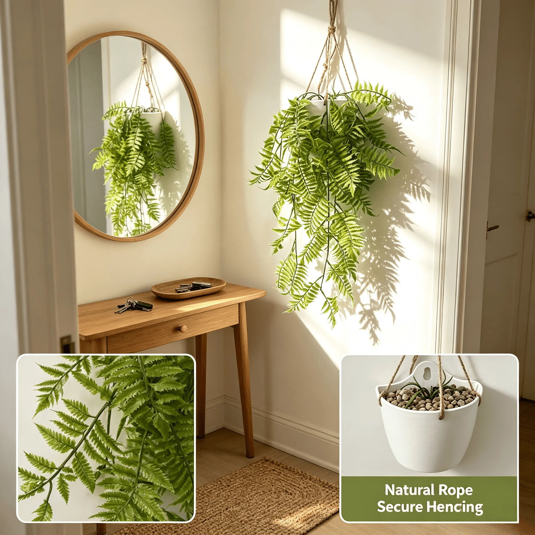 Artificial Hanging Fern Plant, Fake Trailing Fern Greenery with Rope Loop, Faux Foliage for Indoor Outdoor Wall Decor