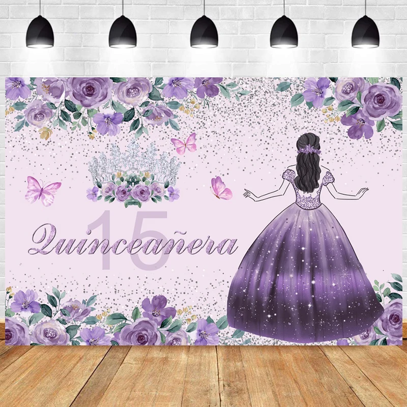 15 Quinceanera Backdrop 15th Birthday Decorations for Girls Party Crown Flowers Pink Blue Purple Background Banner Personalised