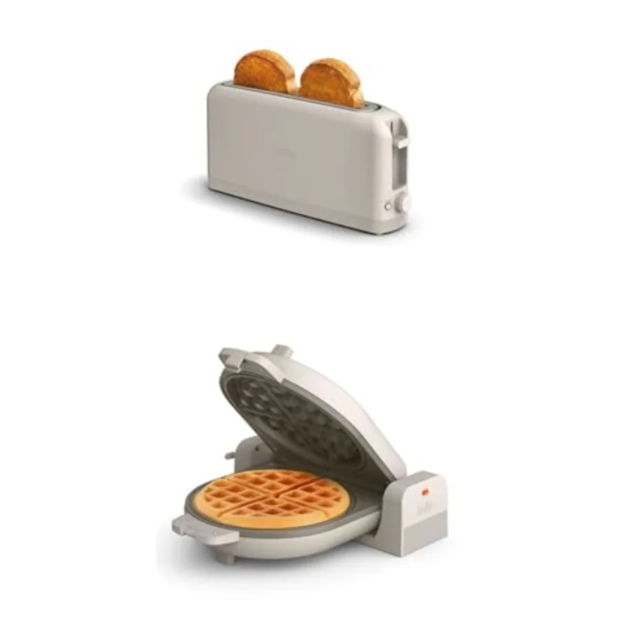 

2-Slice Slim Toaster with Flip-n-Store Ceramic Waffle Maker Fits-Anywhere Kitchenware Oatmilk Color EverGood Ceramic Nonstick C