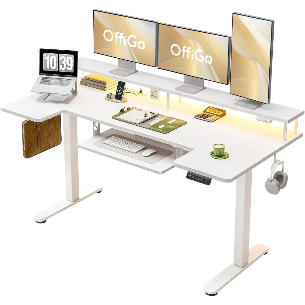 63 Inch U Shaped Electric Standing Desk with Keyboard Tray, White