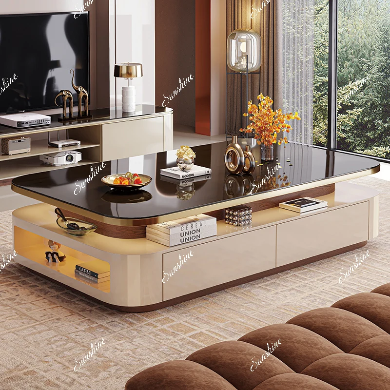 

Creative light luxury rectangular large apartment high-end tempered glass double-layer coffee table