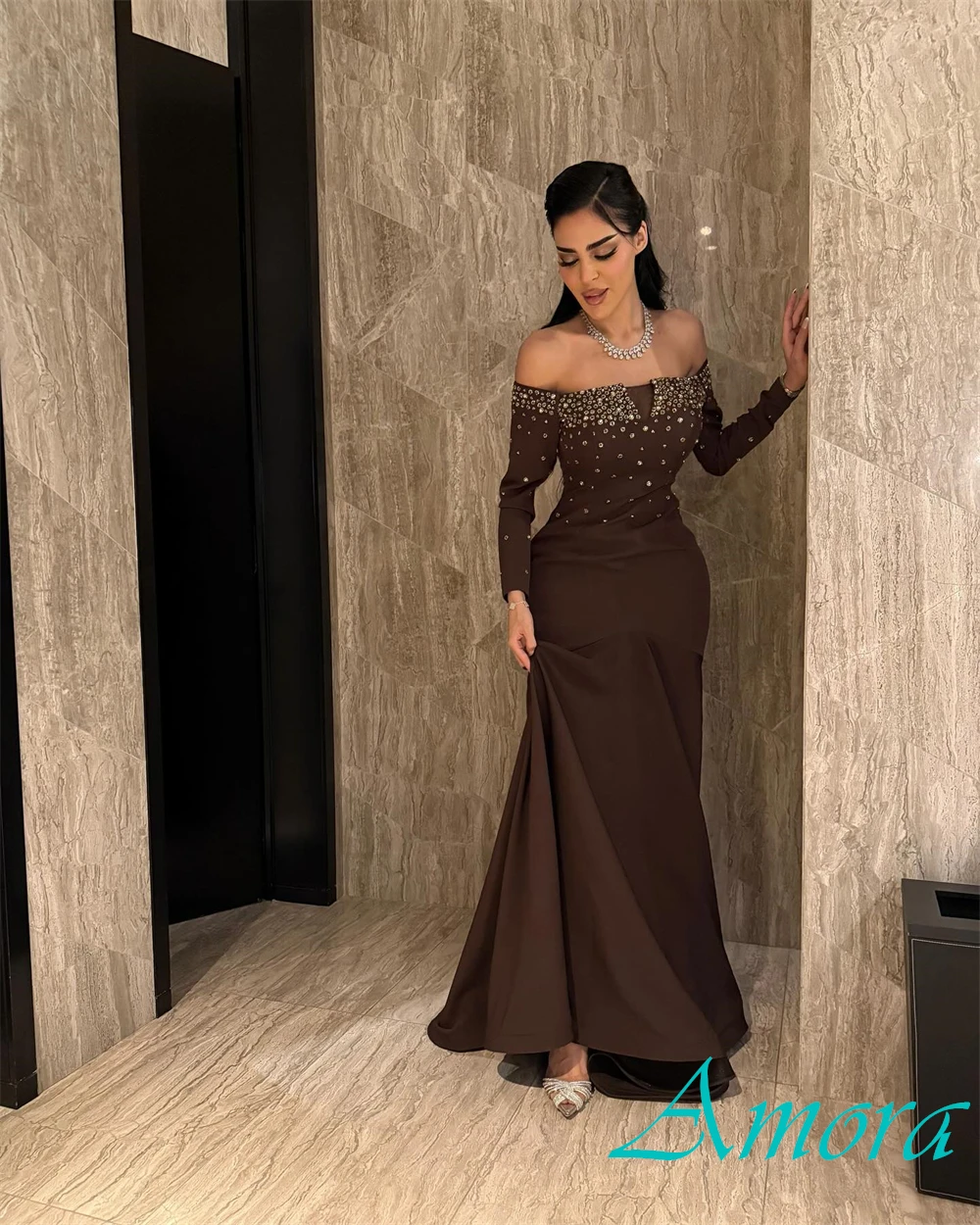 

Customized Off the Shoulder Sheath Jersey Long Sleeves Evening Dress Sexy Special Occasion Gowns Delicate Party Dresses