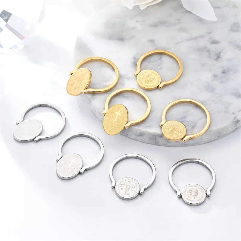 Vintage Christian Saints Reversible Rings for Women Men Gold Silver Color Stainless Steel Daily Jewelry Relief Pattern Ornaments