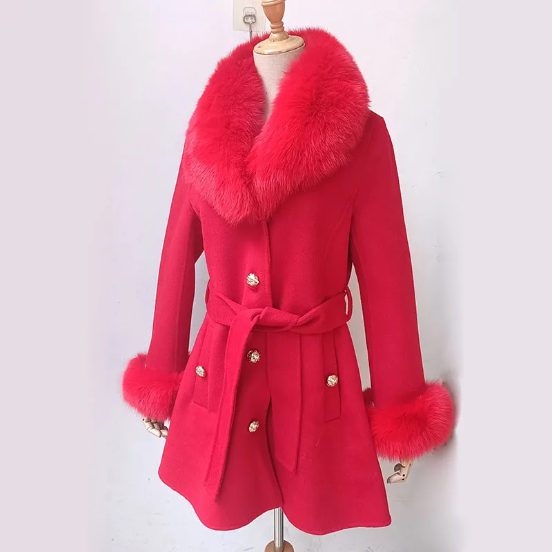 2023 Winter Real Fox Fur Coat Women Wool Jacket With Natural Fox Fur Collar Slim Female Woolen Cashmere Outwear