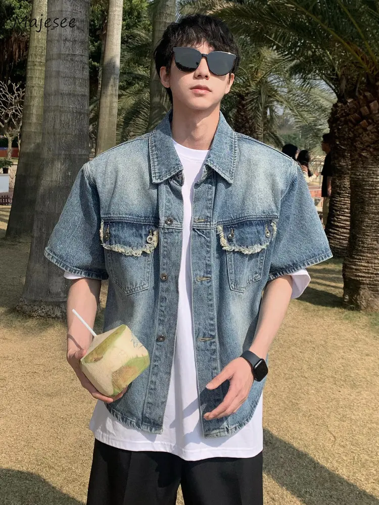 

Denim Jackets Men Holiday Vintage Stylish Harajuku Basic Unisex Outwear Short Sleeve Summer Korean Style Clothing High Street