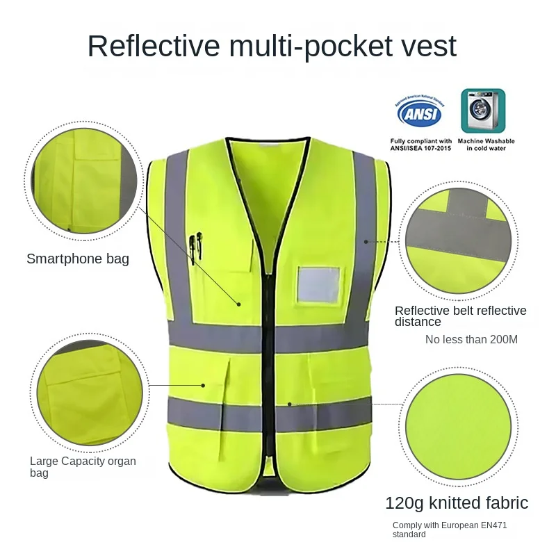 Reflecterende Vest Groothandel Met Meerdere Zakken, Geel Reflecterend Veiligheidsvest, Constructie Rits, Reflecterend Vest