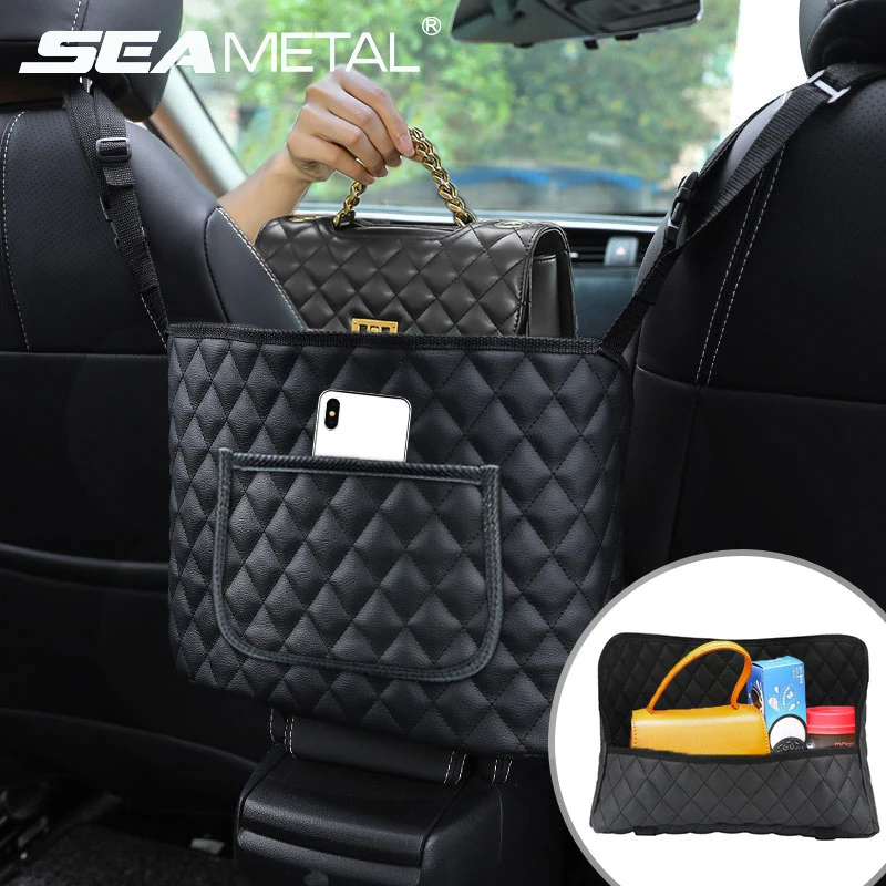 SEAMETAL Car Handbag Holder Pu Leather Car Storage Bag Interior Auto Seat Middle Box Seat Back Hanger Hanging Pocket Organizers