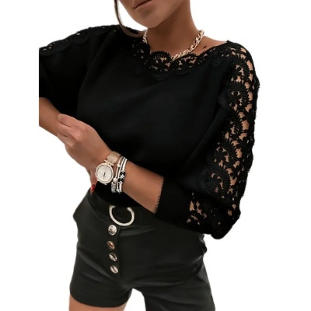Womens Shoulder Knit Sweater Featuring Floral Lace Panels Designed for Beach Holiday and Cycling Activities in Warm Weather