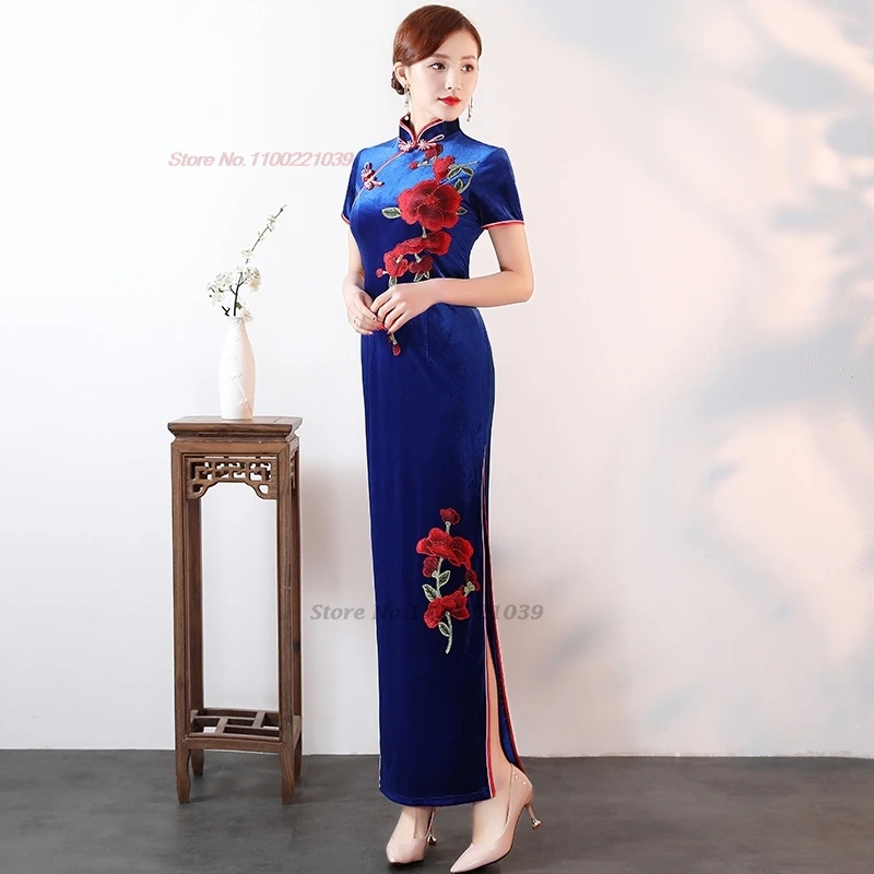 Robe traditionnelle chinoise vintage en velours, cheongsam amélioré, fleur nationale, robe de banquet de performance sur scène de l'aviation, 2025