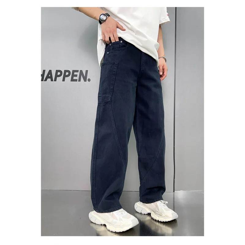 Washed Jeans Men\'s American Workwear Multi-Pocket Trendy Japanese StyleinsLoose Street Straight Wide Leg Mop Trousers