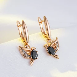 Wbmqda New Fashion Creative Design 585 Rose Gold Color Black Zircon Bird Drop Earrings For Women Party Wedding Fine Jewelry