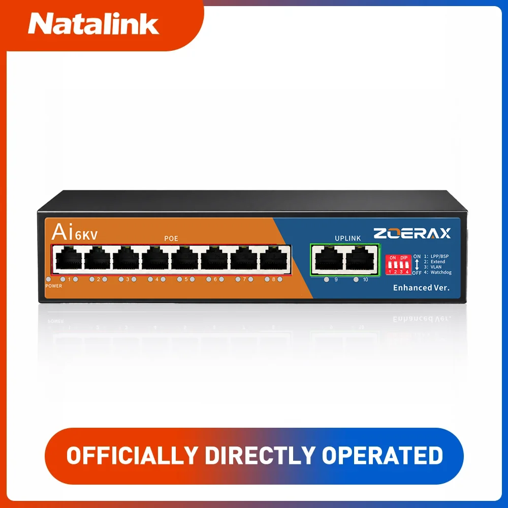 Natalink 8-Port Gigabit PoE Network Switch, 2 Gigabit Uplink, AI Mode 250m Long Range One-Click VLAN 6KV Surge Protection