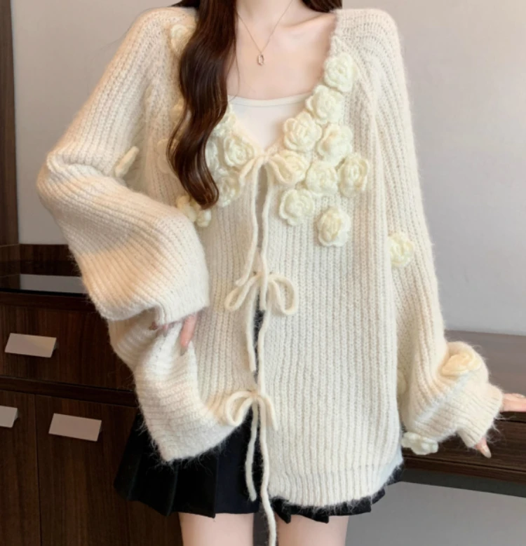 Jesienno-zimowy sweter w dużych rozmiarach, świąteczny, czerwony, z trójwymiarowymi kwiatami, dekolt w serek, słodka dziewczęca moda, luźny, z długim rękawem, dzianinowy top.