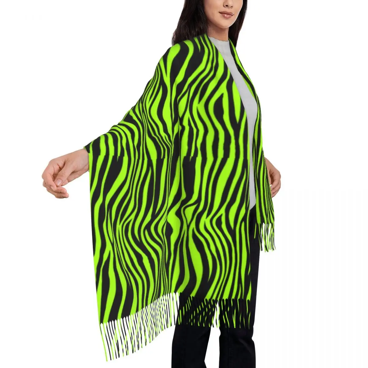 Green Tiger Lines Scarf with Tassel Animal Warm Soft Shawls and Wrap Women Designer Scarves Wraps Autumn Casual Bufanda Mujer