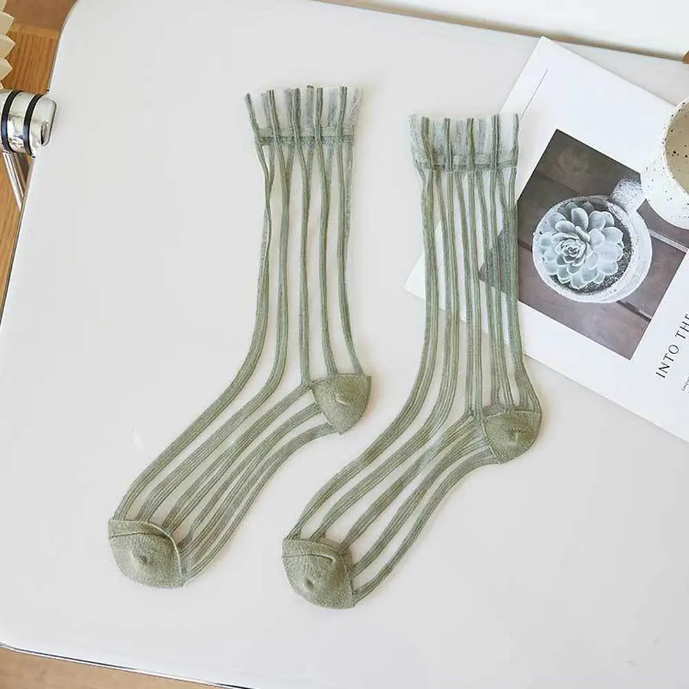 Fashion Striped Mesh Glass Silk Socks For Women Thin Transparent Elastic Summer Nylon Socks Breathable Middle Tube Socks