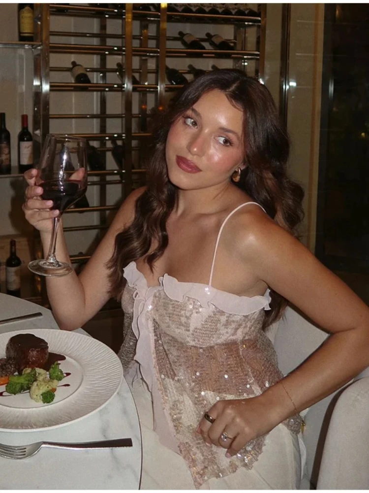 

Perspective Glitter Sequins Ruffle Vest Women Chic Lace Up Sequined Pleated Crop Spaghetti Strap Summer Party Evening Lady Tops