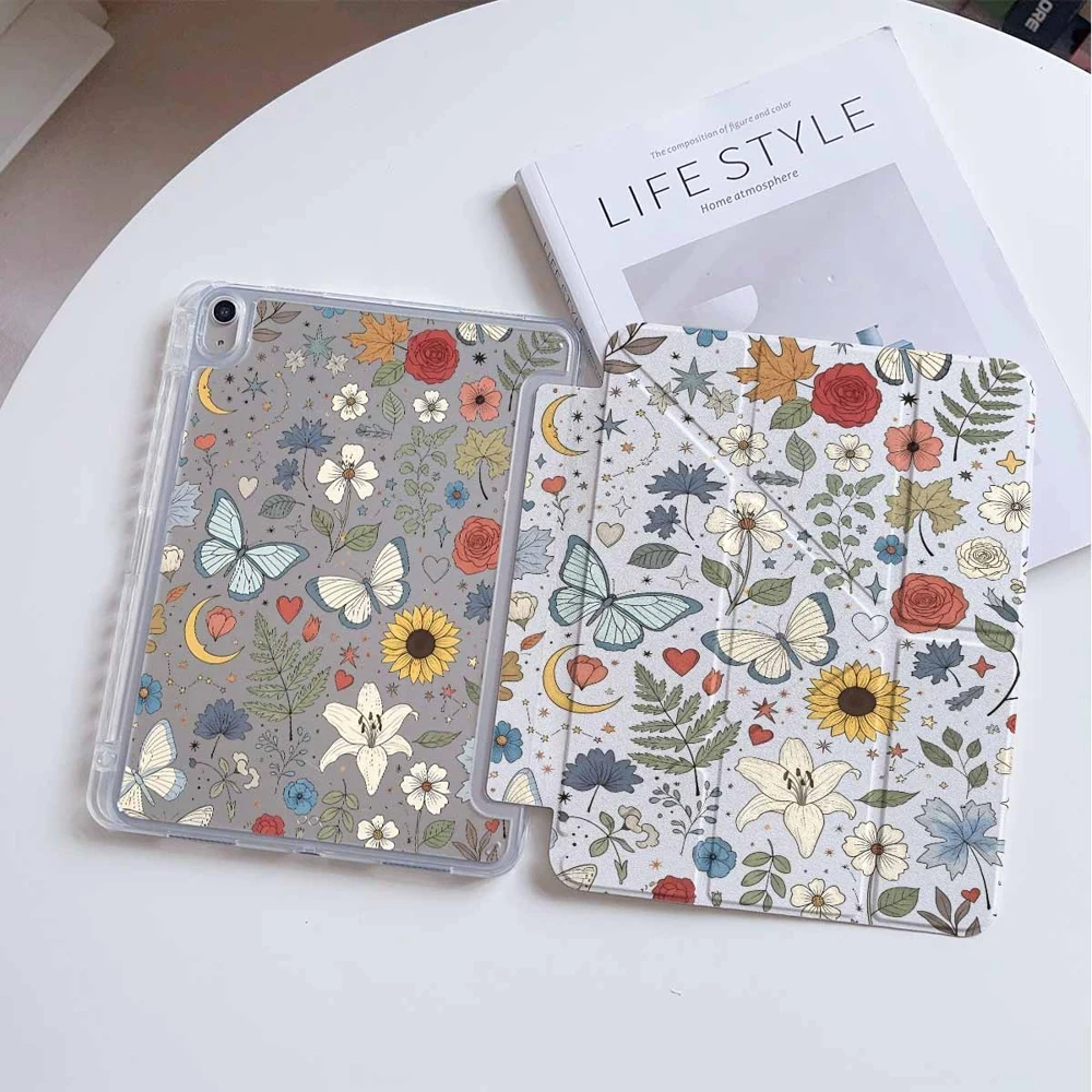Capa protetora para tablet Samsung Galaxy Tab A8 A9 A11 S6 S7 S8 S9 S10 FE Plus Lite, com design de borboleta e estrelas, e compartimento para caneta.
