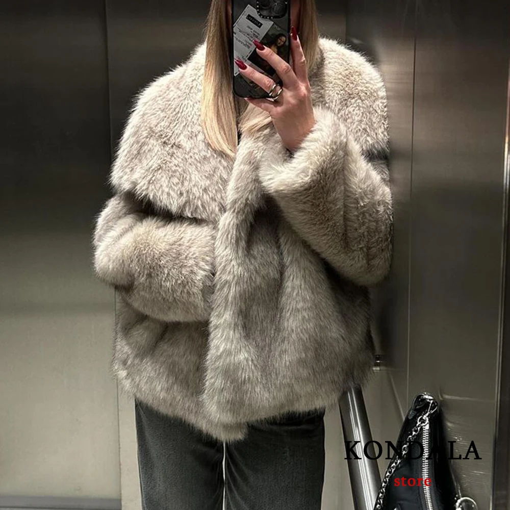 KONDALA Vintage Faux Fur Oversized Coats Women Fashion 2024 Spring Winter Thick Warm Jackets Casual Pockets Elegant Outwears