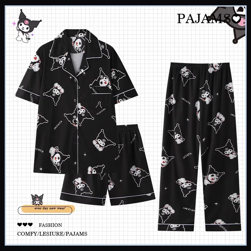 Sanrio Kulomi Silk Pajamas Women's Summer Cotton Short Sleeve Casual Three-piece Set Women's Pajamas Homewear Pajamas Pants Set