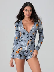 Women Halloween Short Romper Pajamas Ghost Print Sexy Bodycon Long Sleeve V Neck 1Piece Sleeper Jumpsuits