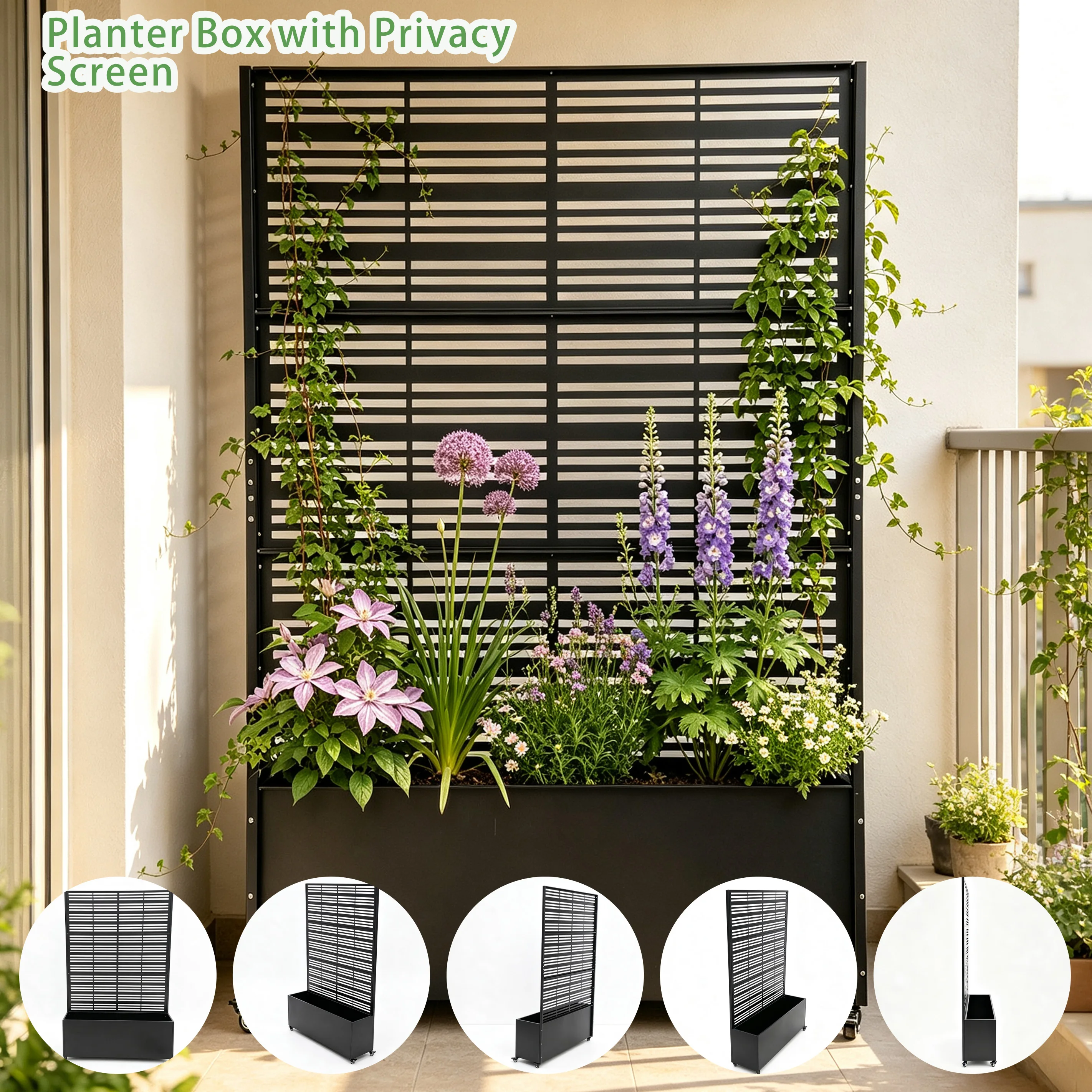 Mobile Metal Planter Box with Trellis and Wheels Outdoor Raised Garden Bed with Drainage Privacy Screen