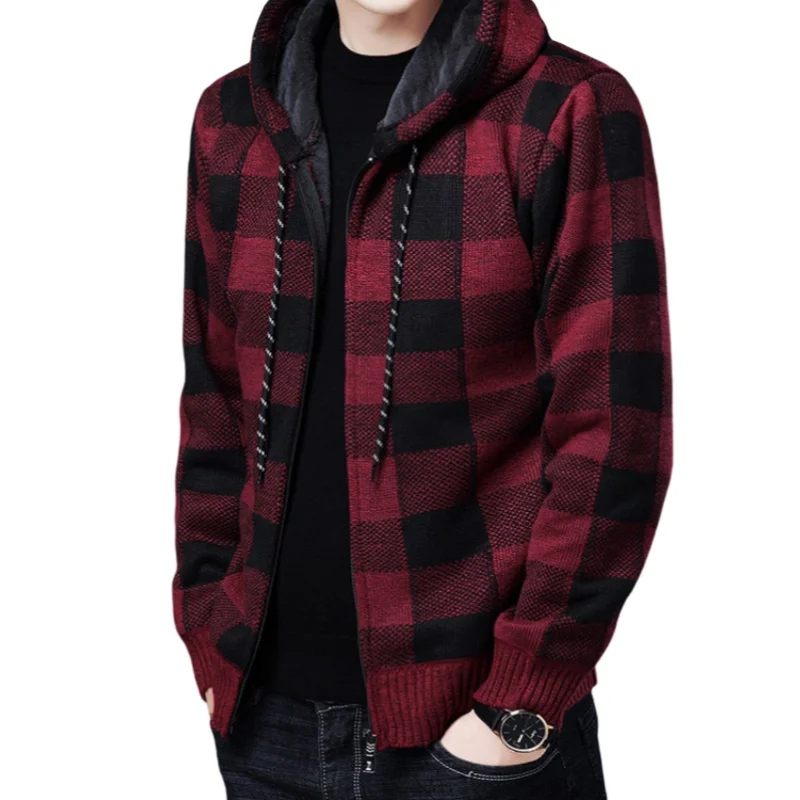 Winter Men's Hooded Fleece Thickened Checkered Long Sleeve Sweater Fashion Casual Slim Fit Warm Cardigan Knitted Sweater Jacket