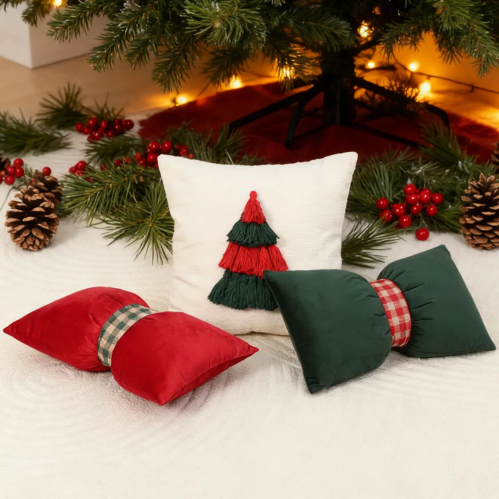 2-Pack Christmas Bowknot Cushion Case Christmas Holiday Decorative Pillow Cover Party Festive Home Sofa Ornament Pillowcase