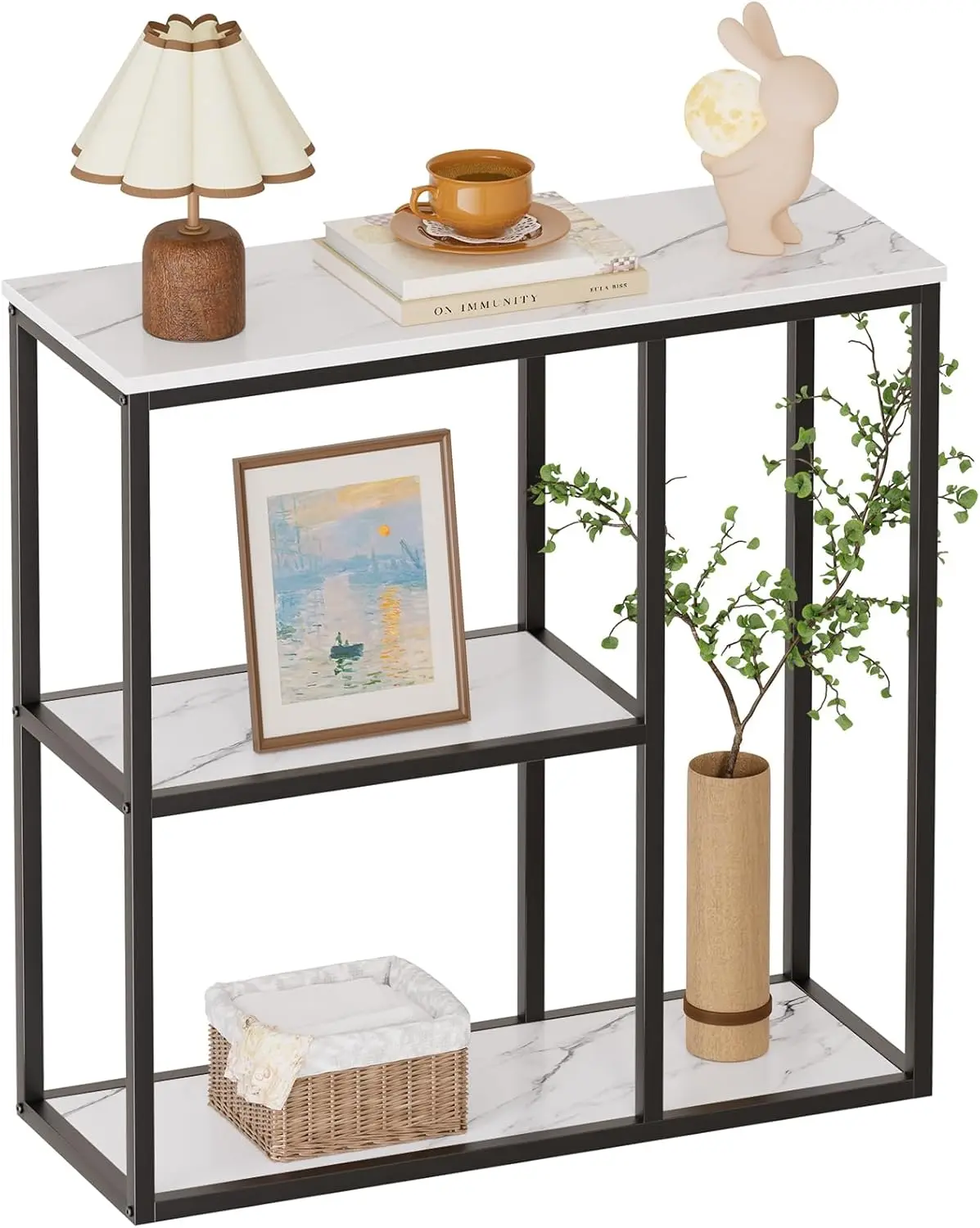 Modern Industrial Console Table, 31.5 Inch Narrow Entryway Sofa Table with 3-Tier Storage Shelves, White Marble Top