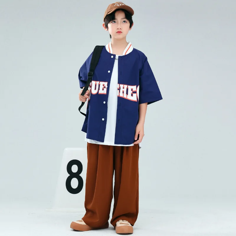 Kid Hip Hop Clothing Navy Blue Oversized Cardigan Baseball Shirt Brown Wide Leg Casual Pants for Girl Boy Dance Costume Clothes