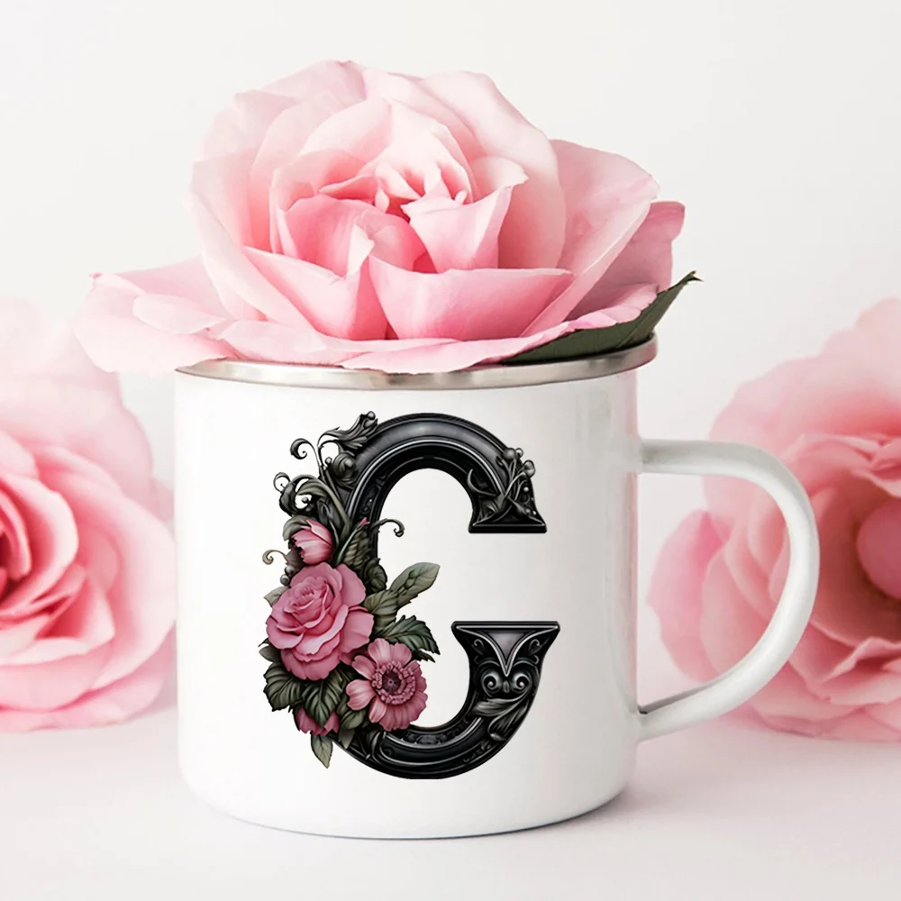 Initial Letter Monogram Floral Alphabet Coffee Cup Initial A-Z Coffee Enamel Mug Floral Alphabet Cup Birthday & Xmas Gifts