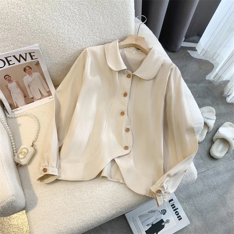 

Peter Pan Collar Shirts Women Loose Long-sleeved Slim Solid Color Preppy Style Sweet Office Lady Korean Style Daily Tops Female